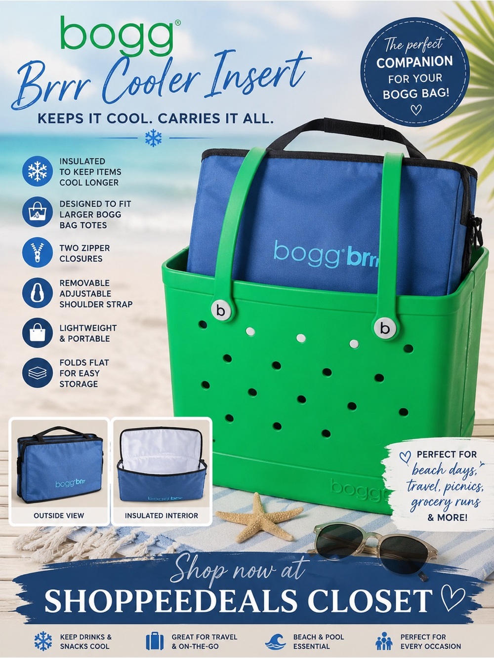 BOGG BAG Green Tote with Blue Cooler Insert